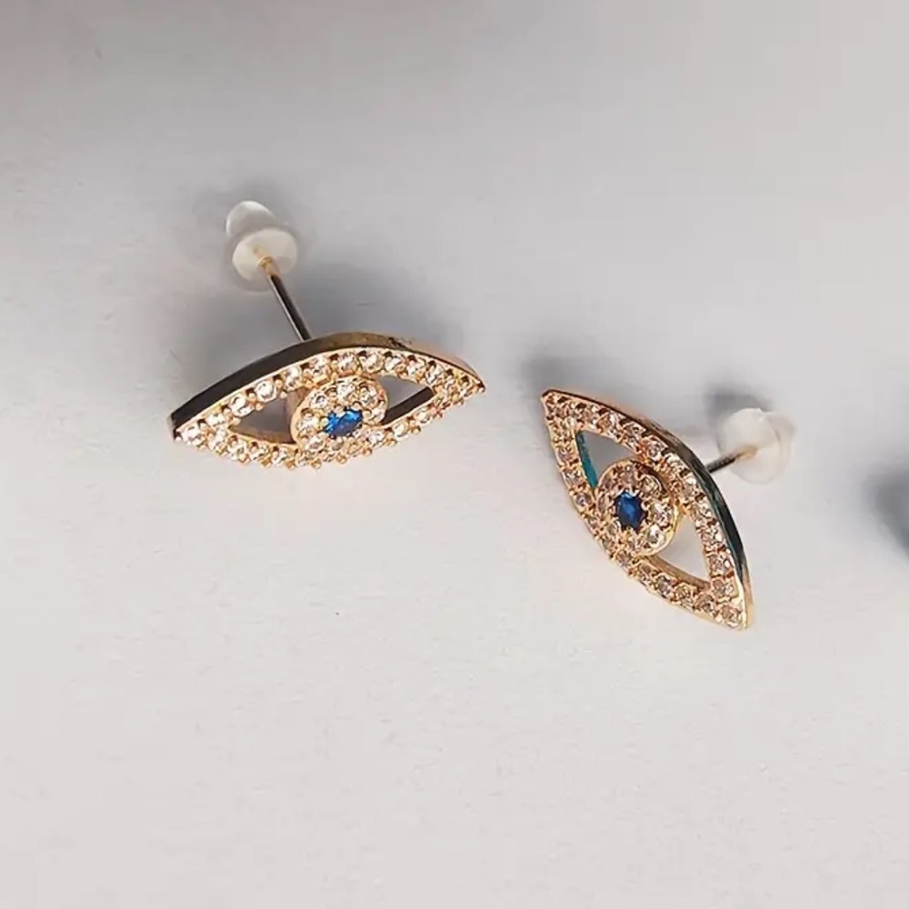 Gold Cubic Zirconia Evil Eye Earrings, Evil Eye Studs, Stud Earrings - Picture 5 of 7